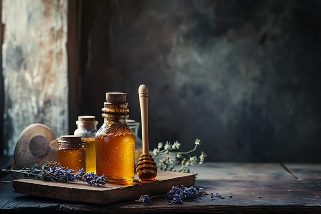 Arrangement of Honey Jars and Wooden Spoons