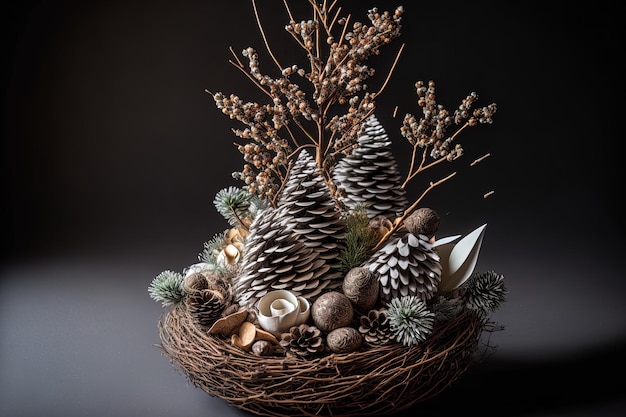 Arrangement made with twigs and cones from Christmas trees