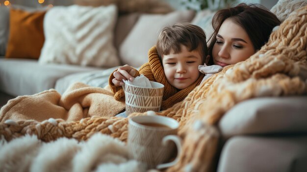 Photo an arrangement of a mother and child under a blanket on the couch with mugs of hot tea and tissues