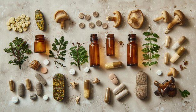 Photo arrangement of natural supplements and herbs with medicinal properties on a textured surface