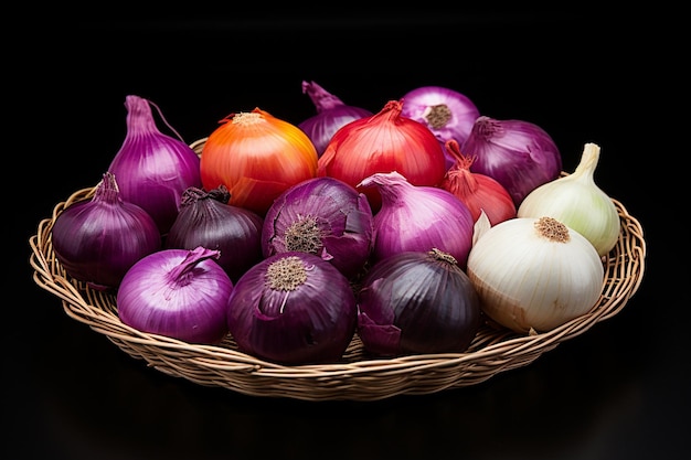 An arrangement of onions of different colors and sizes