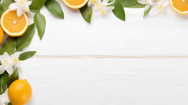 Arrangement of Oranges and Flowers on White Background