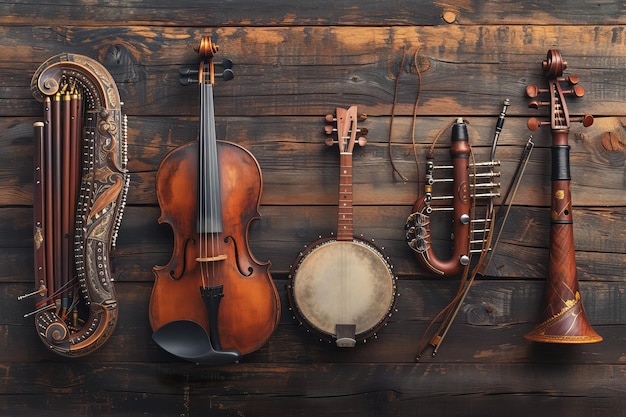 Photo arrangement of orchestral instruments including violin and woodwinds on rustic wooden surface