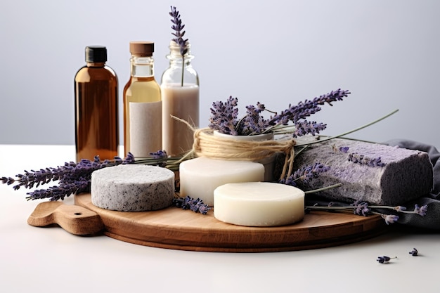 An arrangement of organic cosmetics including handmade soap bars bath salts with dried lavender bu