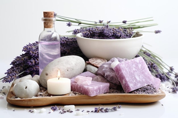 An arrangement of organic cosmetics including handmade soap bars bath salts with dried lavender bu