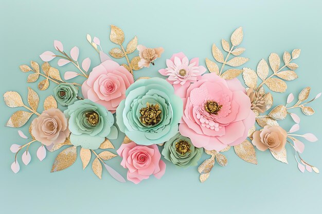 Photo arrangement of peonies and roses in bubblegum pink and soft teal with gold accents and gold glitter