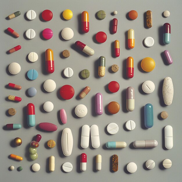 Photo arrangement of various medications in different patterns on a plain background