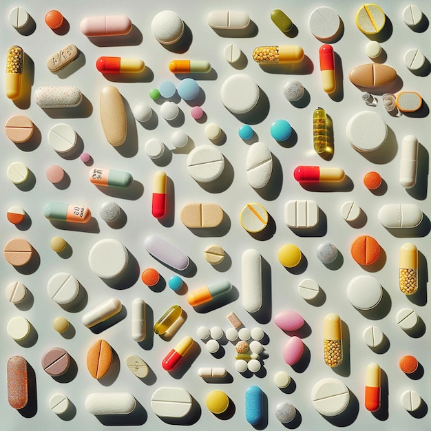 Photo arrangement of various medications in different patterns on a plain background