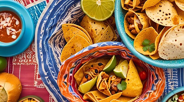 Photo arrangement of various mexican foods on a wooden table surrounded by decorative ornaments