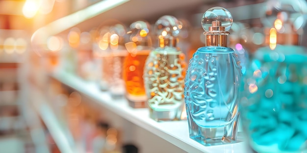 Photo arrangement of various perfume bottles on neat store shelves concept perfume bottles store display shelf arrangement