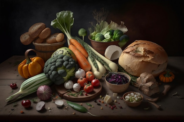 Arrangement of Various Vegetables on Tabletop with Bread and Other Food Items Generative AI