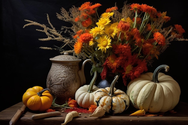 Arrangement of vegetables and flowers in a still life composition