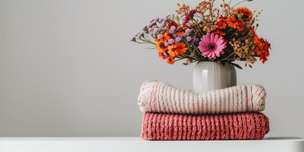 Arrangement Of Vibrant Flowers With Folded Sweaters On White Table