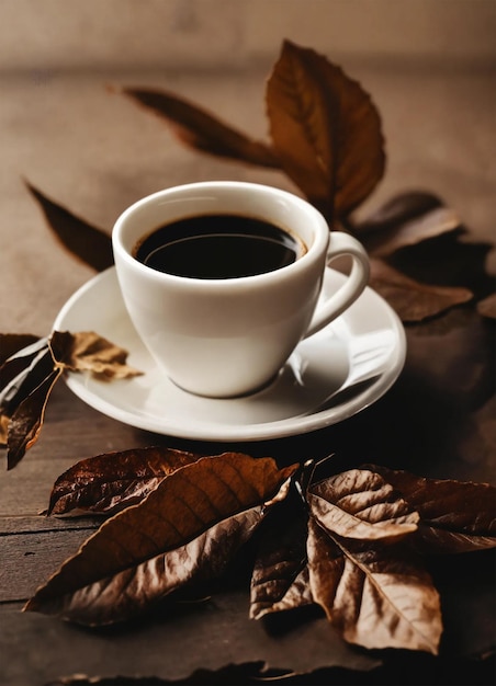 Arrangement with cup of coffee on wooden background