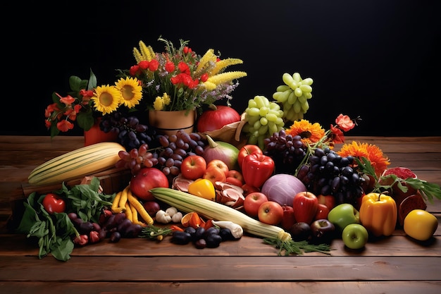 Arrangement with different foods on a wooden table