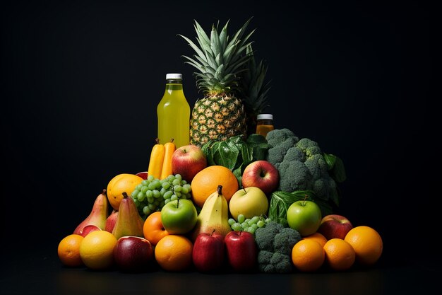 Arrangement with juice bottle and fruits