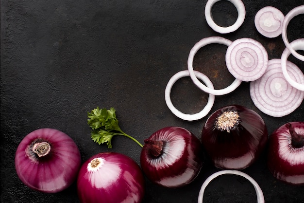 Arrangement with red onions above view