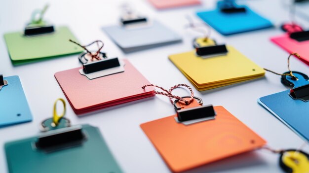 Photo arranging colorful paper notes on a white surface with binder clips and string