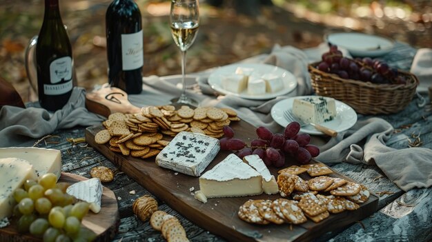 Photo arranging a picnic table with a selection of cheeses crackers and wine for a romantic picnic date