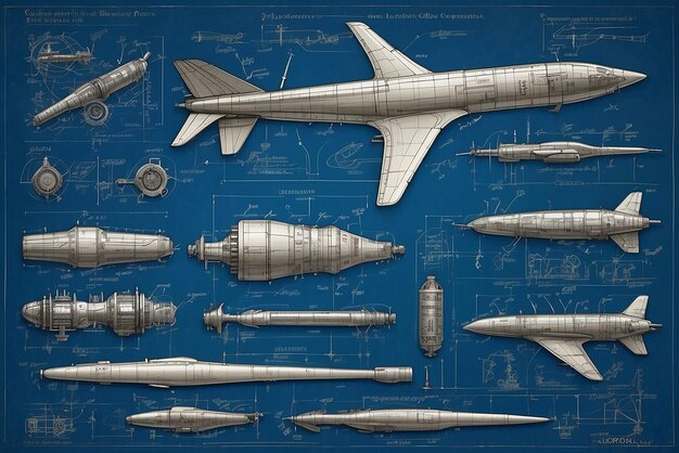 An array of aeronautical components showcased in an engineering blueprint