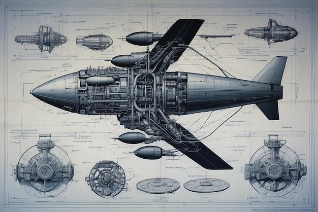 An array of aeronautical components showcased in an engineering blueprint