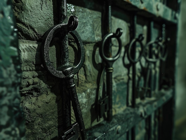 An array of antique iron keys on rings hang against a textured stone wall suggesting mystery and the ageold task of safeguarding secrets keys antique iron rings stone wall texture mystery