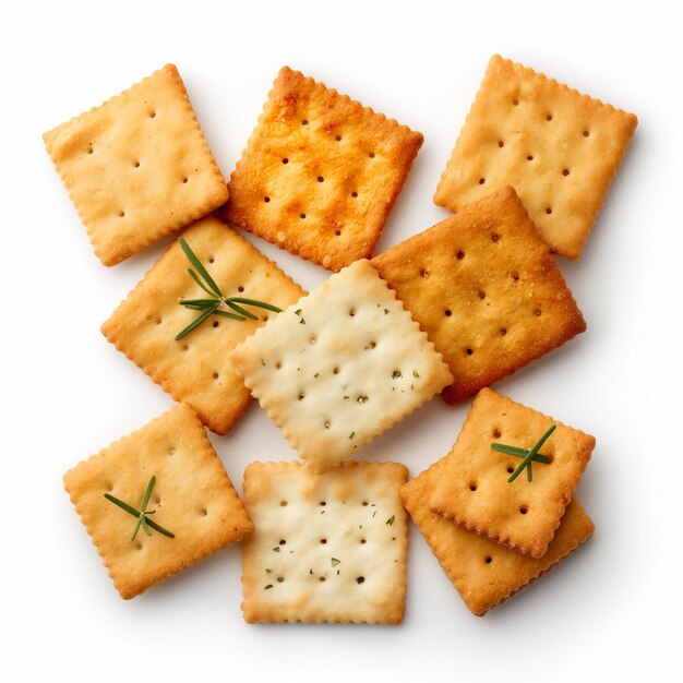 Photo array of assorted homemade seasoned crackers isolated on white background