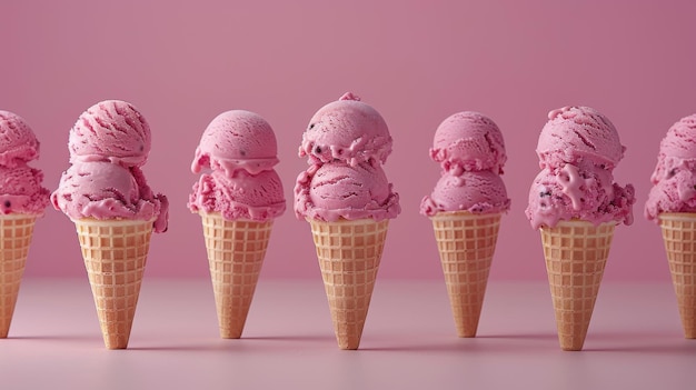 Array of berry ice cream scoops in waffle cones on pink background