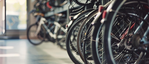 An array of bicycles aligned closely together inside a store providing a glimpse of the diverse selection available