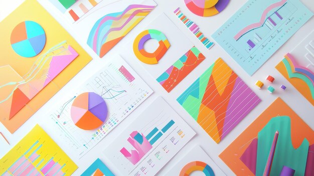 Photo an array of brightly colored graphs and charts conveying data and analytics in an engaging visually stimulating way