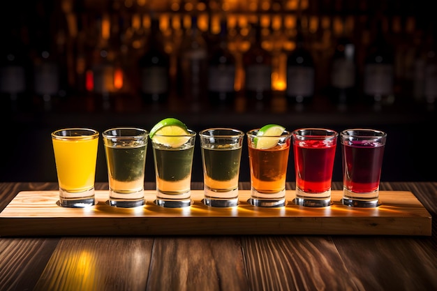 Array of Cocktail Shots on Wooden Surface