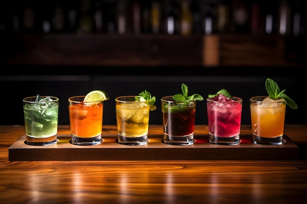 Array of Cocktail Shots on Wooden Surface