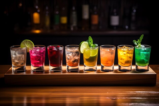 Array of Cocktail Shots on Wooden Surface