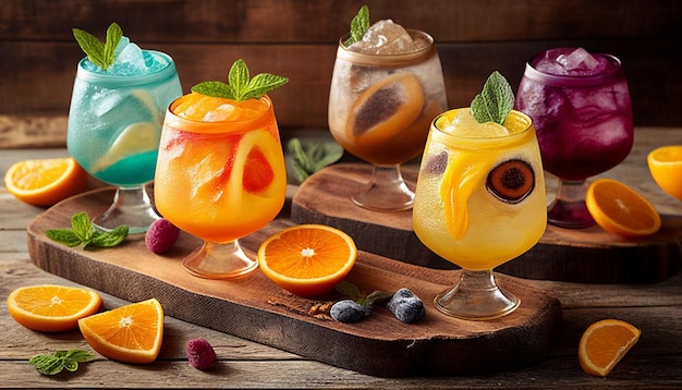 An array of coconut soft drinks shown on a hardwood background The drinks are organized in such a way that their vibrant colors and diverse textures are highlighted The Generative AI