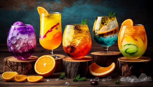 An array of coconut soft drinks shown on a hardwood background The drinks are organized in such a way that their vibrant colors and diverse textures are highlighted The Generative AI