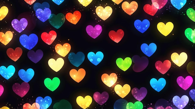 Photo an array of colorful glowing hearts on a dark background