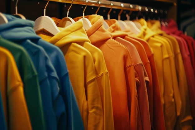 An array of colorful hoodies neatly lined up on a store rack inviting shoppers