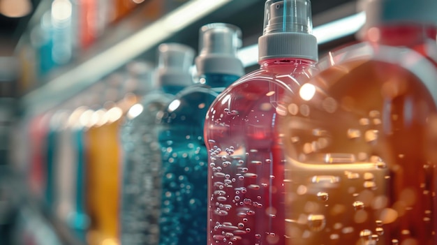 Array of Colorful Household Cleaning Bottles with Bubbles on Store Shelf