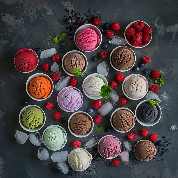 Photo an array of colorful ice cream scoops in bowls