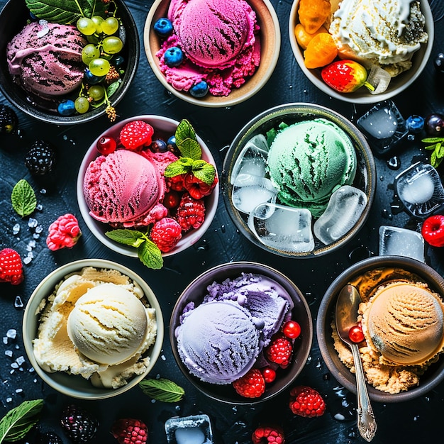 Photo an array of colorful ice cream scoops in bowls