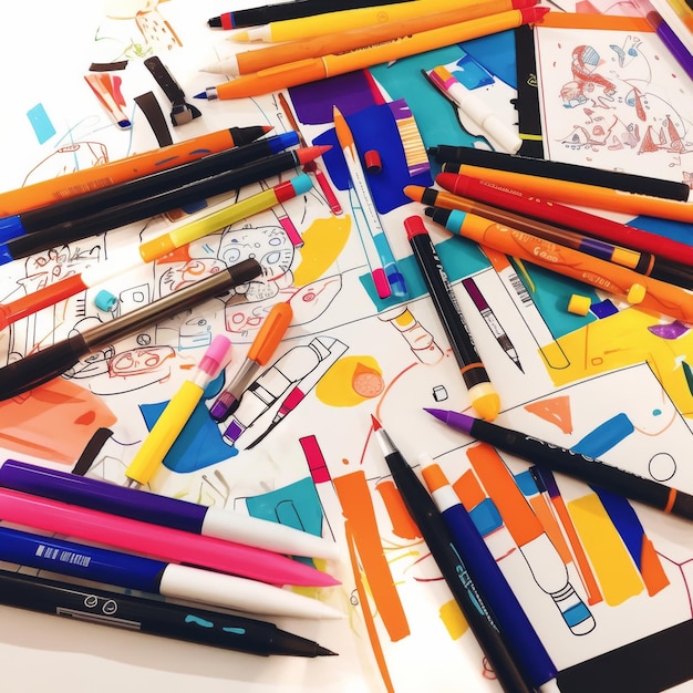 An array of colorful markers and pens scattered on a desk with doodles and sketches niji 6 Job ID 38