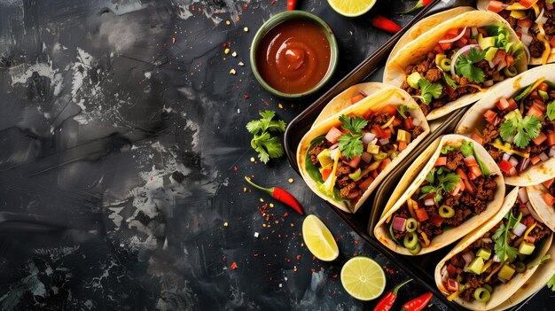 An array of colorful vibrant tacos with various fillings served on a dark stone background