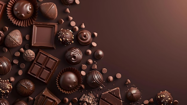 Array of dark white and milk chocolate pieces with copy space on brown background