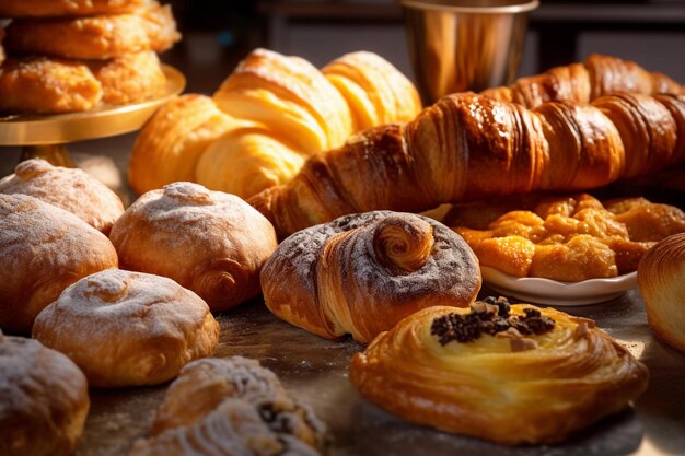 An array of delectable baked goods meticulously arranged on a sleek marble countertop