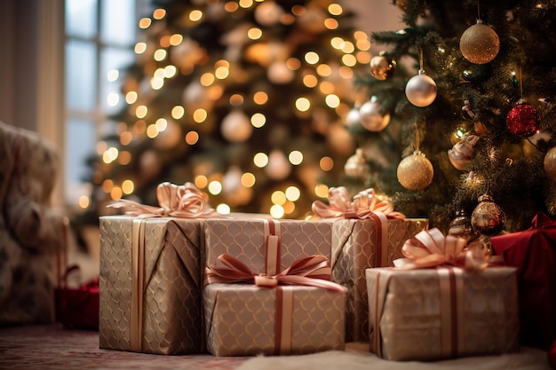 An array of elegant Christmas gift boxes set against a beautifully decorated Christmas tree