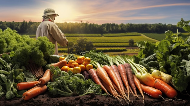 An array of fresh organic vegetables lying on the soil with farmer and his field at the background