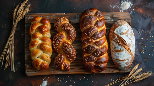 An array of freshly baked bread on a wooden board and a loaf dusted with flour