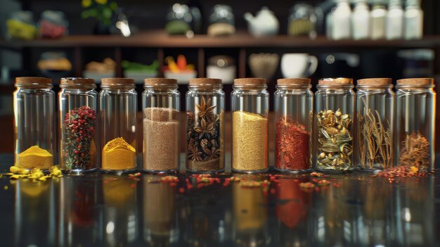 Photo an array of glass jars filled with various colorful spices neatly arranged on a kitchen counter with blurred kitchen tools in the background