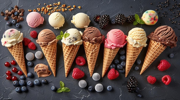 An array of gourmet ice cream cones with various toppings and flavors