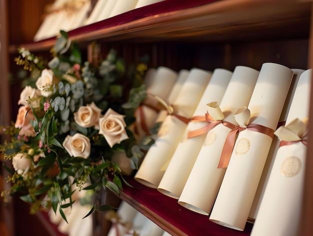 Array of Graduation Diplomas Displayed Proudly on VelvetLined Shelf with Fresh Flowers